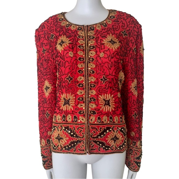 Adrianna Papell Jackets & Blazers - ADRIANNA PAPELL Evening Vintage 100% Silk Beaded Jacket Embellished Red Gold 12